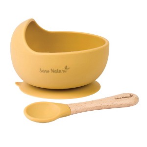 SARO "Nordic Wave" Silicone Baby Feeding Set: Suction Bowl & Wooden Spoon for Baby-Led Weaning & Self-Feeding - 1 of 4