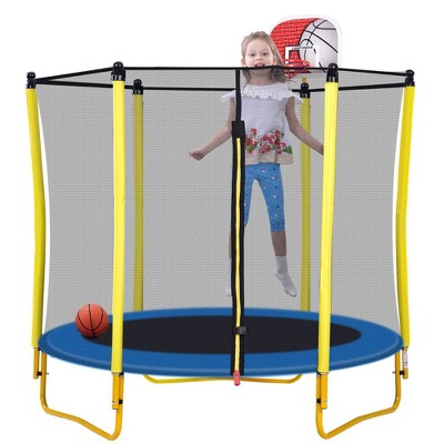66" Mini Trampoline For Kids, 5.5FT Toddler Trampoline With Basketball Hoop, Enclosure Net And Rubber Ball For Indoor Outdoor for Kids Age 1-8