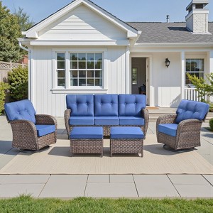 Buenhomino 5 Pieces Patio Furniture Set, High Back Wicker Rattan Sofa with 5-inch Extra Thick Cushion and Ottoman, Outdoor Conversation Set - 1 of 4