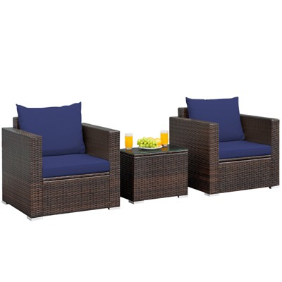 Tangkula 3PCS Patio Rattan Furniture Set with 2 Cushioned Sofas & Coffee Table for Outdoor Turquoise/Black/Navy/Red/Brown