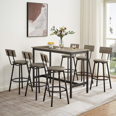 Hooseng Bar Table And Chairs Set of 7, Farmhouse Counter Height Pub Set for 6 Dining Table Set, Tall Dining with 6 PU Leather Chairs