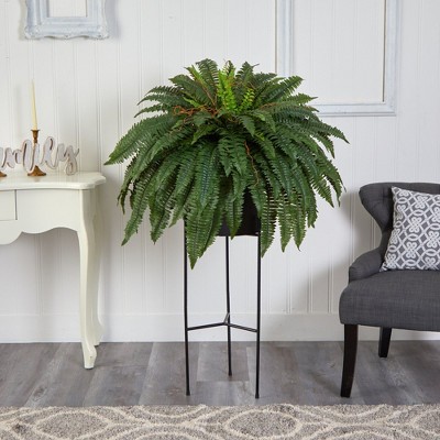 Lush Green 35" Outdoor Plastic Fern in Black Planter
