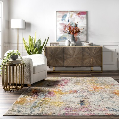 Multicolor Abstract Synthetic Stain-Resistant Rectangular Area Rug