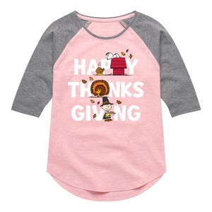 Girls' - Peanuts - Happy Thanksgiving Icons Shirt Tail Raglan Graphic T-shirt - 1 of 4