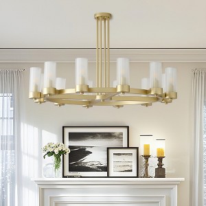 PAKOKULA 47.2 in. 12-Light Gold Wagon Wheel Semi-Flush Mount Ceiling Light with Double-Layer Glass Shades, E12 Base, Dimmable, UL Certified - 1 of 4