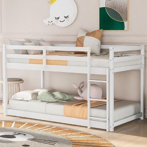 QingMoon Kids Loft Bed, Solid Wood Floor Bunk Bed Frame with Convertible Slide, Safety Guardrails and Ladder for Bedroom - 1 of 4