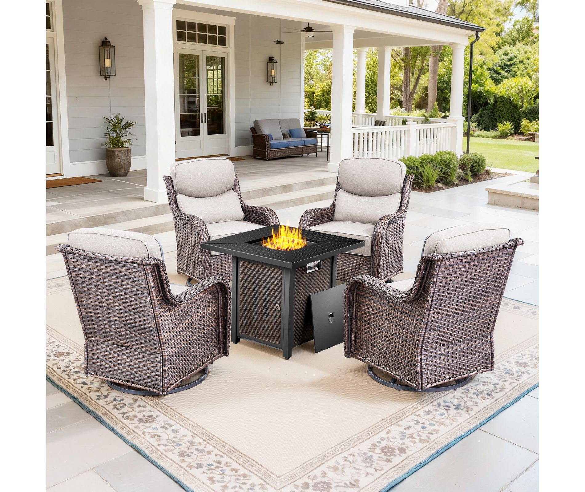 Gymojoy 5/7PCS Outdoor Swivel Chair 6-inch Thick Cushion with Fire Pit Table Patio Furniture Set