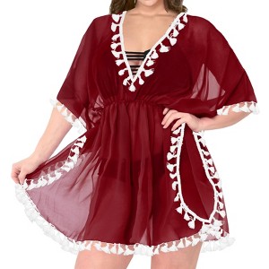 HAPPY BAY Women's Beach Cover Up Vacation Beachwear Mini Bathing Suit Loose Beach Dress Summer Holiday Swimwear Bikini Large-X-Large Red Solid - 1 of 4
