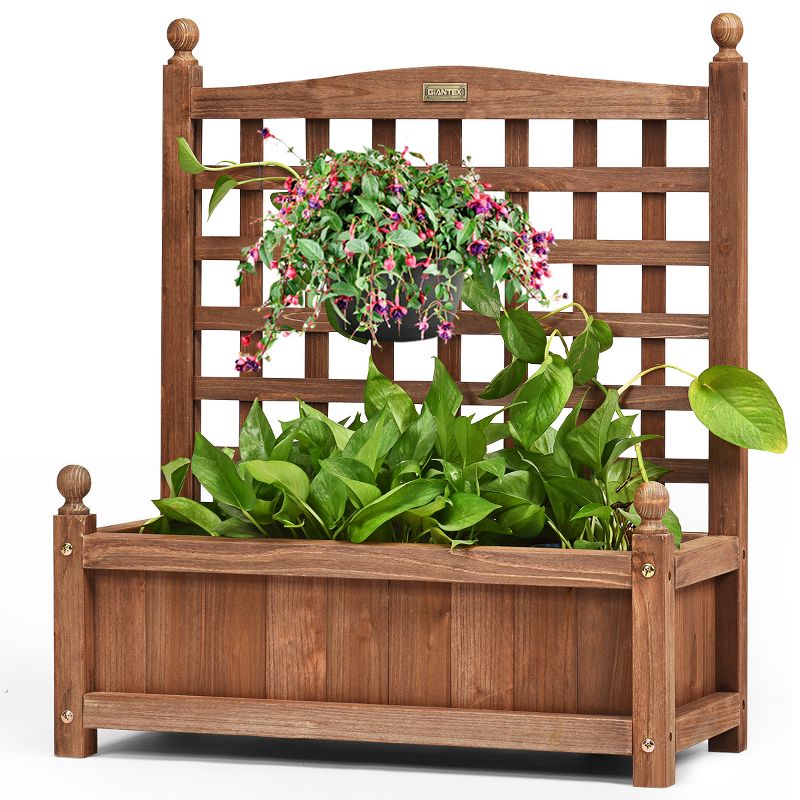 Tangkula Set of 2 Outdoor Wooden Plant Box Flower Plant Growing Box Holder with Trellis, 5 of 8