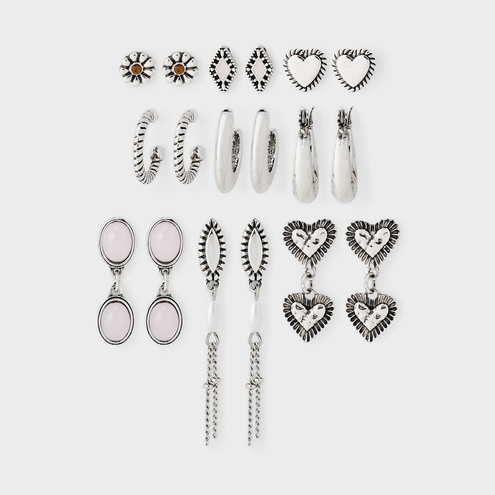 Mixed Heart Motif Linear and Hoop Earring 9ct - Wild Fable™ Silver Ox