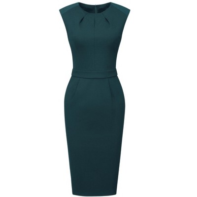 INSPIRE CHIC Women's Office Pleated Round Neck Work Sleeveless Sheath Pencil Dresses