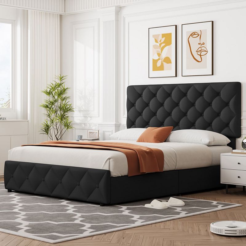 Whizmax Queen Size Bed Frame with 4 Storage Drawers, Faux Leather Upholstered Platform Bed Frame with Adjustable Headboard, No Box Spring Needed, 3 of 8