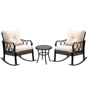Resenkos 3-Piece Rocking Chair Bistro Set, Two Rocking Chairs And A Round Side Table, PE Rattan, Brown - 1 of 4