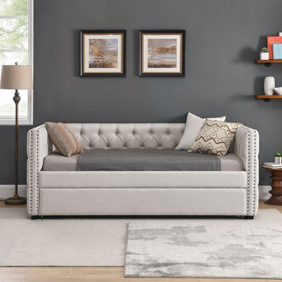 NicBex Full Size Daybed with Twin Size Trundle,Upholstered Sofa Bed with Copper Nail for Bedroom,Living Room,Apartment