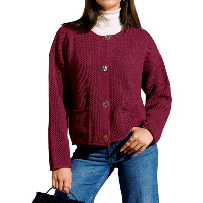 Women's Cew Neck Button Down Cardigans Cropped Long Sleeve Shrugs with Pockets