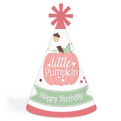 Big Dot of Happiness Girl Little Pumpkin - Cone Happy Birthday Party Hats for Kids and Adults - Set of 8 (Standard Size)
