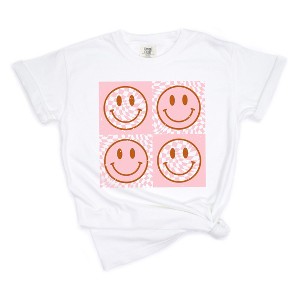 Simply Sage Market Women's Pink Four Square Smiley Faces Short Sleeve Garment Dyed Tee - 1 of 2