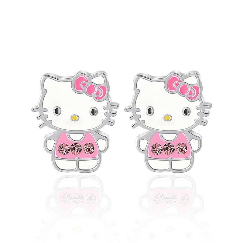 Sanrio Hello Kitty Brass Silver Plated Light Pink Crystal Enamel Hello Kitty Stud Earrings, Officially Licensed Authentic, 3 of 5