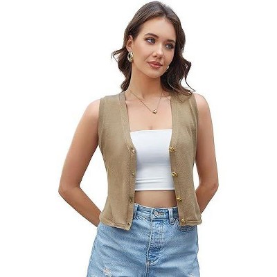 Acekool Women's Sweater Vest – Cropped Button-Up Knit Tank, V-Neck Crochet Fall Top, Sleeveless Layer for Work or Casual