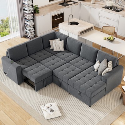 107.5" Corduroy Convertible U-Shaped Sectional Sofa with Pull-Out Bed, Storage Chaise Lounge & Device Charging