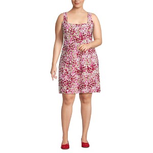 Lands' End Women's Plus Size Silky Knit Mini Shift Dress - 1X - Ivory/Pink Flower Garden