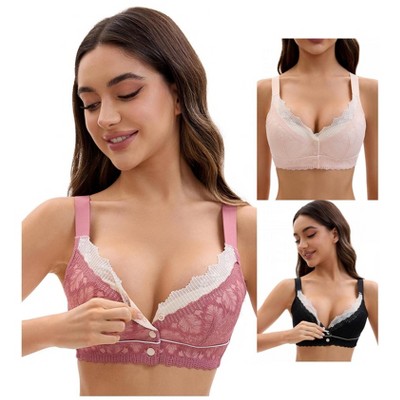 INSPIRE CHIC Front Closure for Women's Lace Full Coverage V Neck Wirefree Adjustable Straps Bras 3 Packs