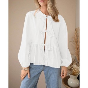 Women's Spring Fall Babydoll Peplum Blouse Shirt Puff Long Sleeve Bow Tie Front Trendy Cute Going Out Tops - 1 of 4