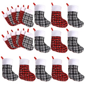 Aoibox 24 Pack Christmas Mini Stockings 8.3 Inch Black White Red Plaid Snowflake Fleece Stockings for Fireplace Holiday Decor - 1 of 4