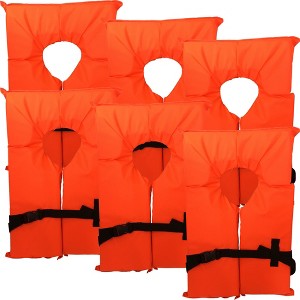 6 Pack Coast Guard approved life jackets for adults. High visibility color Type II keyhole life vest in classic May West style. - 1 of 4