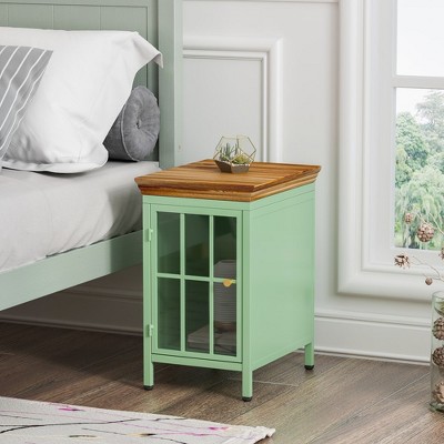 Sofa Side Coffee Table Nightstand with Storage Cabinet and Solid Wood Tabletop for Bedroom Living Room