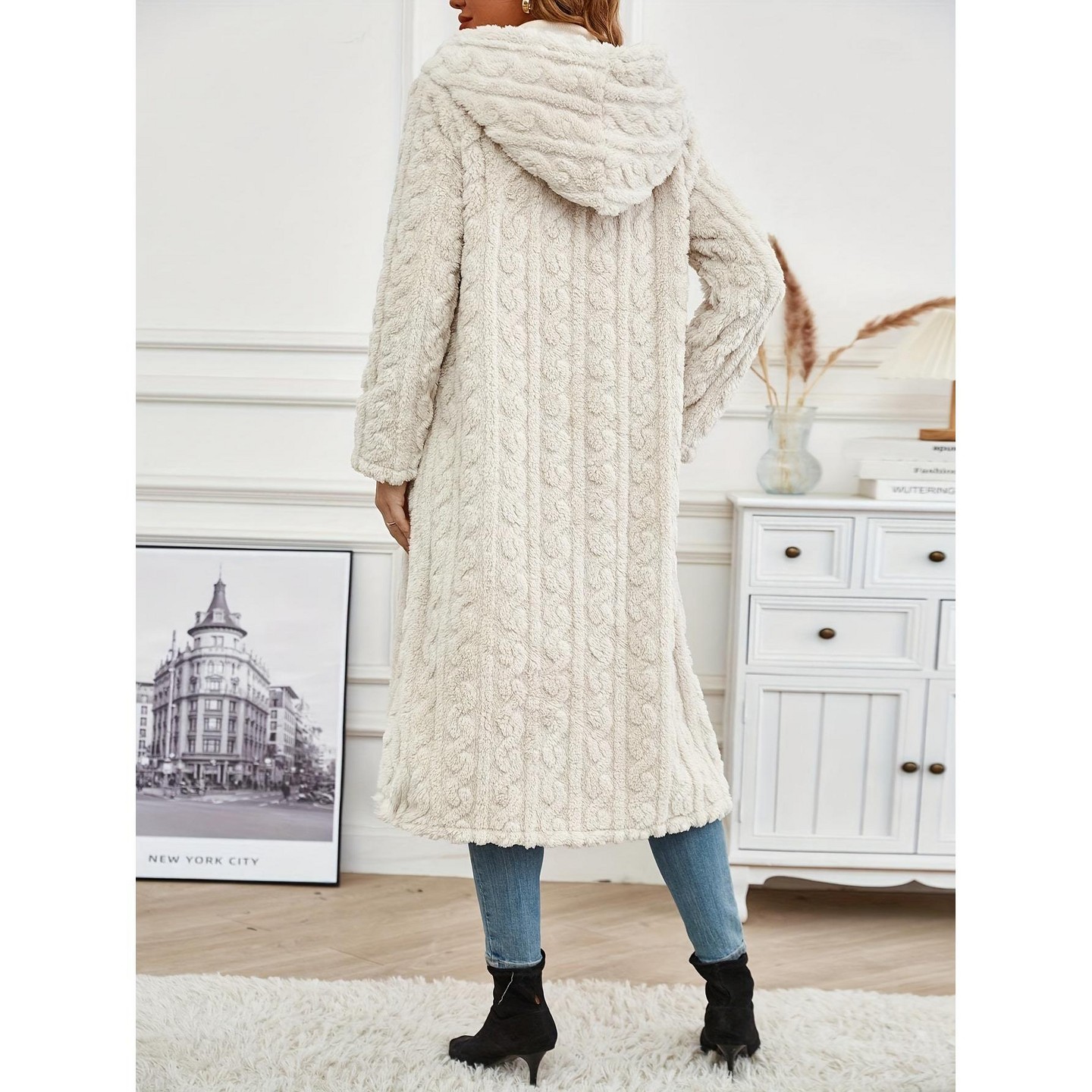 Женские куртки YesFashion Winter Long Coats Front Button Long Sleeve Woolen Hooded Casual Loose Fit Fashion Cable Outerwear S Off White, цвет: Белый — фото 3