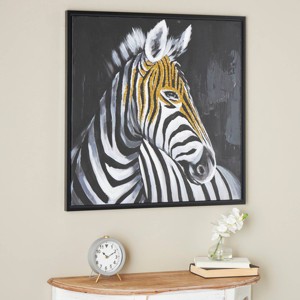Olivia & May 32"x32" Canvas Zebra Framed Wall Art with Gold Foil Accents Black: Modern Style, MDF Composite Frame, Screen Print Medium - 1 of 4