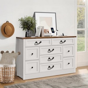 Farmhouse 9 Drawer Dresser with Charging Station, 55" Wide Wood Dresser, Vintage Dressers TV Stand - 1 of 4