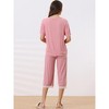 INSPIRE CHIC Women's Modal Loose Summer Solid Lace Trim Short Sleeve Carpri Pajama Set - 3 of 4