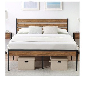 Bed Frame with Rustic Vintage Wood Headboard, Strong Metal Slats Support, Mattress Foundation & Under Bed Storage, Noise-Free, No Box Spring Needed - 1 of 4