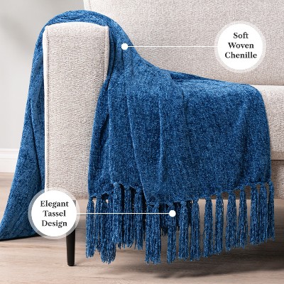 Blue Chenille Knitted Reversible Throw Blanket with Tassels