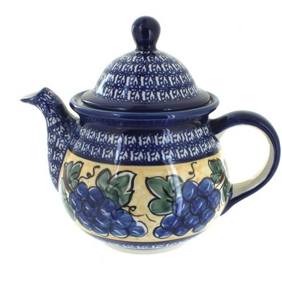 Blue Rose Polish Pottery Grapes Large Teapot with Cobalt Rim