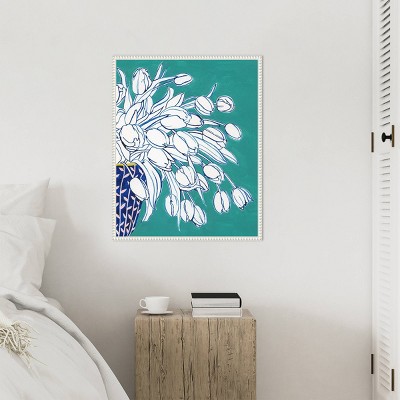 Turquoise Tulip Bouquet II White Framed Canvas Wall Art