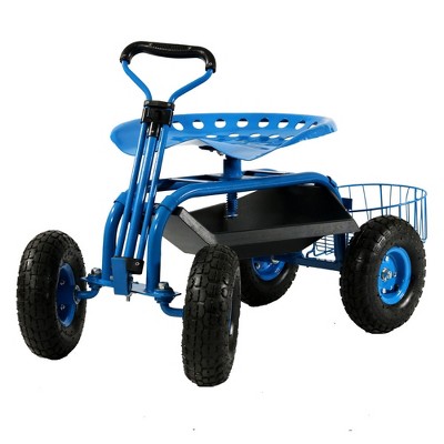 Sunnydaze Outdoor Lawn and Garden Heavy-Duty Steel Rolling Gardening Cart with Extendable Steer Handle, Swivel Chair, Tool Tray, and Basket - Blue