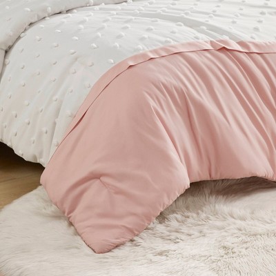 Pink and White Twin Microfiber Comforter Set with Jacquard Pompoms