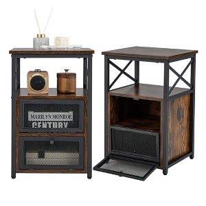Tangkula 2PCS Side End Table Nightstands w/ 2 Open shelves & 2 Flip Drawers Rustic Brown - 1 of 4