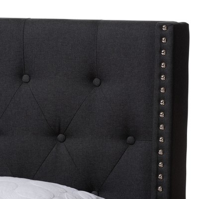 Charcoal Gray Upholstered Queen Bed with Tufted Headboard and Nailhead Trim
