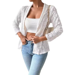 Coolmee Women's Floral Lace Mesh Lapel Neck Blazer 3/4 Sleeve Open Front Elegant Casual Jacket Blazer - 1 of 4