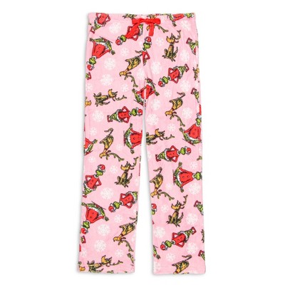 Seven Times Six Dr. Seuss Womens' GRINCH and Max Snowflake Fleece Plush Pajama Pants Pink