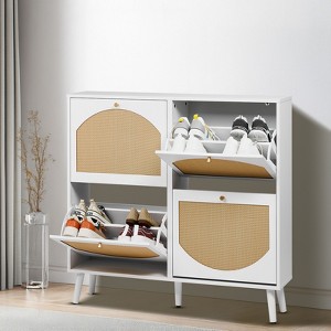 KTMBDW Rattan Shoe Cabinet with 4 Flip Drawers, Narrow Hidden Shoe Storage Cabinet, Freestanding Shoe Rack Organizer for Entryway, Hallway,Living Room - 1 of 4