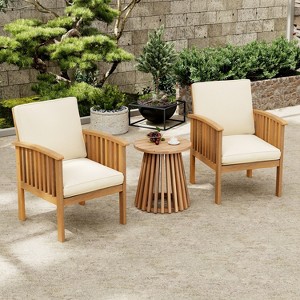 FIONECA Patio Acacia Wood Outdoor Furniture Set ¨C Club Chairs & Side Table, Conversation Set for Garden, Patio, Deck (Brown+Cream) - 1 of 4