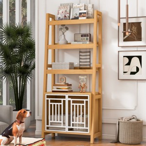 Ladder Bookshelf Mid-Century Modern with Pet Crate Cabinet and Open Shelves for Living Room 33in Wide - 3irtyhousy - 1 of 4