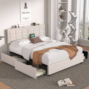 VECELO Queen/Full Size Upholstered Bed Frame with 4 Storage Drawers & USB Ports, Platform Bed Frame with Adjustable Headboard, Beige/Gray - 1 of 4