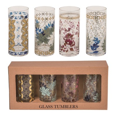 VIP Glass 6.5 in. Multicolor Floral Illustration Tumblers Set of 4