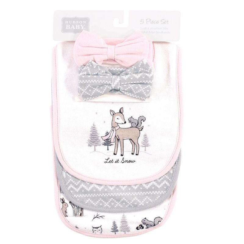 Hudson Baby Infant Girl Cotton Bib and Headband Set 5pk, Winter Forest, One Size, 3 of 9